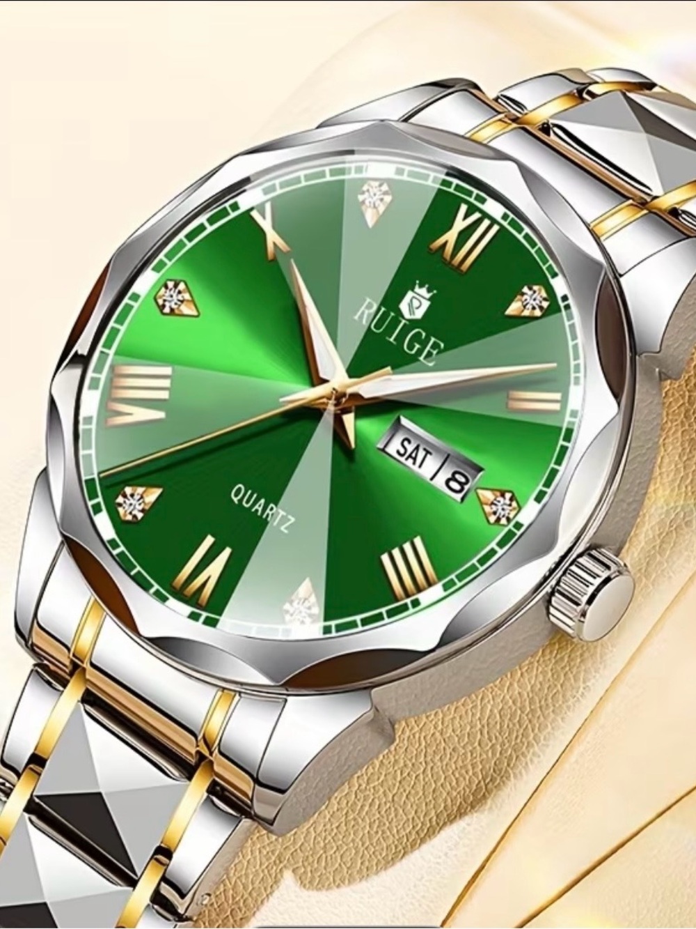 RUIGE Quartz Watch Luxury Sports Stainless Steel Luminous with Calendar Day